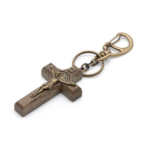 Chaveiro Cruz Madeira 6cm São Bento Ouro Velho c/ Mosq 7729