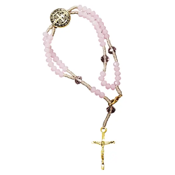 Pulseira Terço Cristal Rose Opaco Medalha São Bento - 11482
